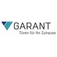 Logo der Marke Garant mit blauem Symbol und Slogan Tueren fuer Ihr Zuhause