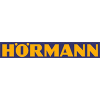 Gelber Schriftzug Hoermann auf blauem Hintergrund als Firmenlogo